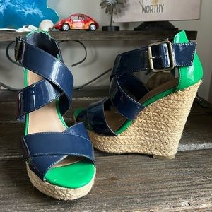 Summertime wedges! Navy patent leather 5 inch wedges